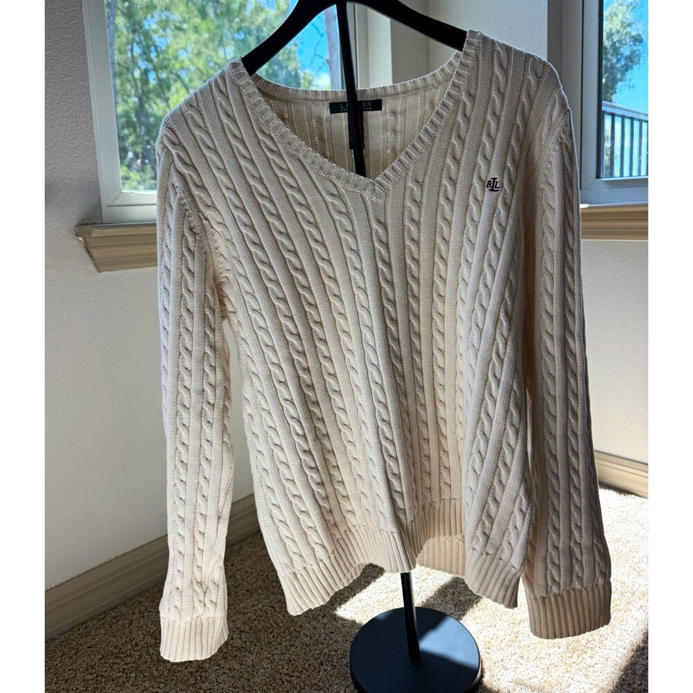 Lauren Ralph Lauren Ivory Cable-Knit V-Neck Logo Cotton Sweater XL